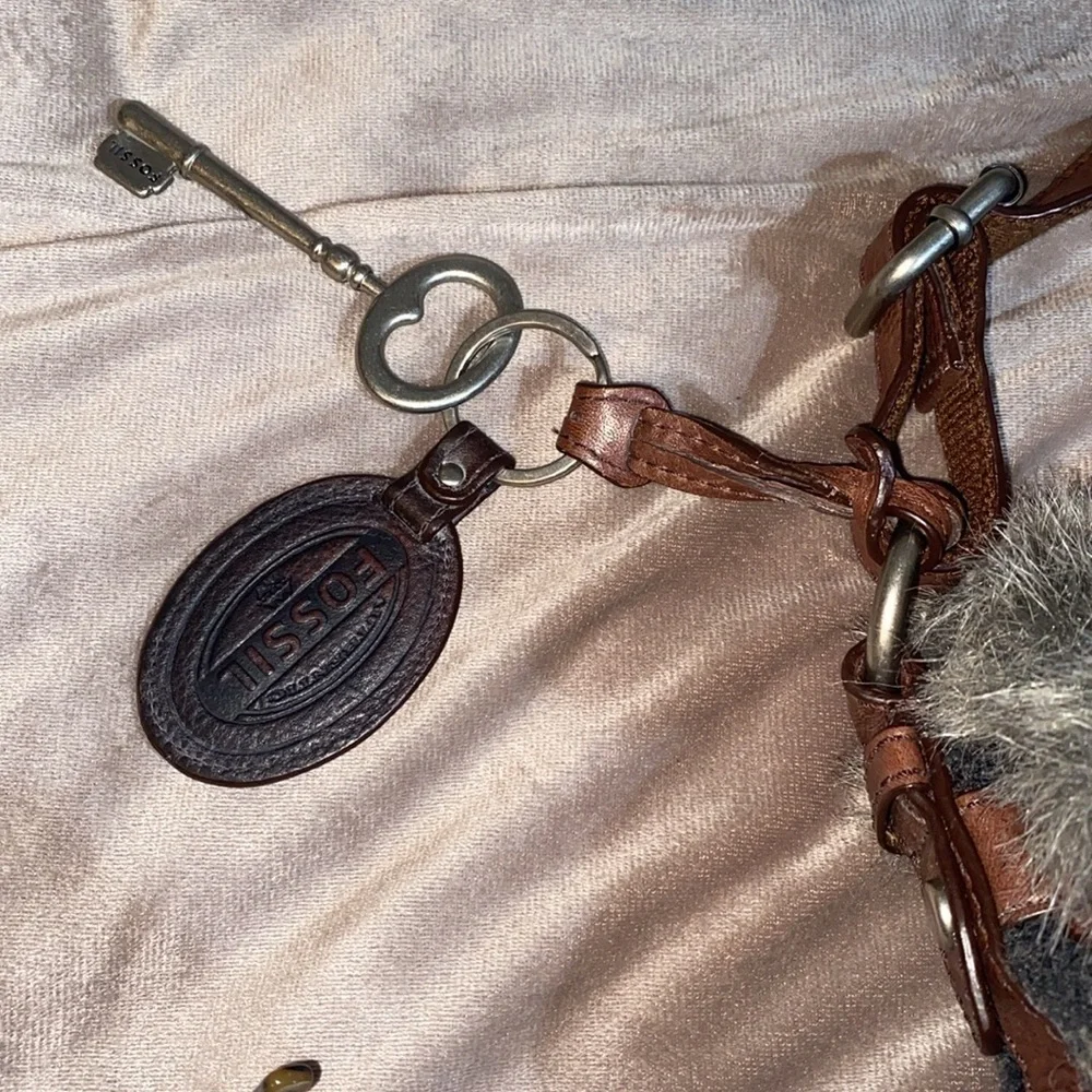 FOSSIL Vintage Maddox Faux Fur Gray Brown Crossbody Bag Saddle Bag